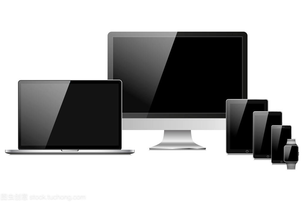 组的现实电脑显示器、 笔记本电脑、 平板电脑、 智能手表和黑色屏幕孤立的智能手机。可以使用模板的演示文稿或横幅。电子产品,设备模拟。矢量生病
